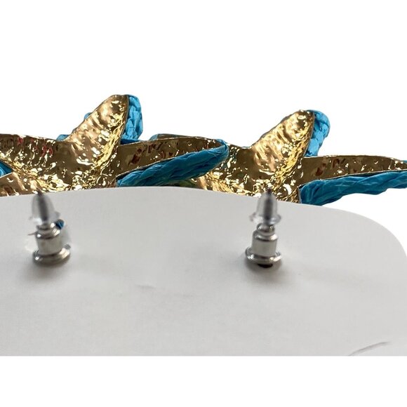 Blue Aqua Raffia Starfish Earrings Beach Pierced Post - Picture 4 of 4